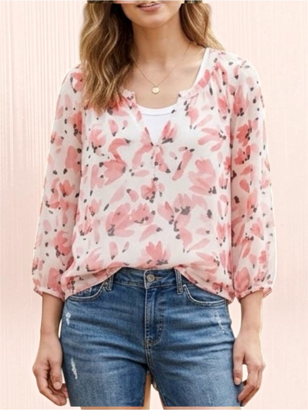 Ann Taylor Floral Watercolor V-Neck Popover Blouse in Pink/Black Size Large